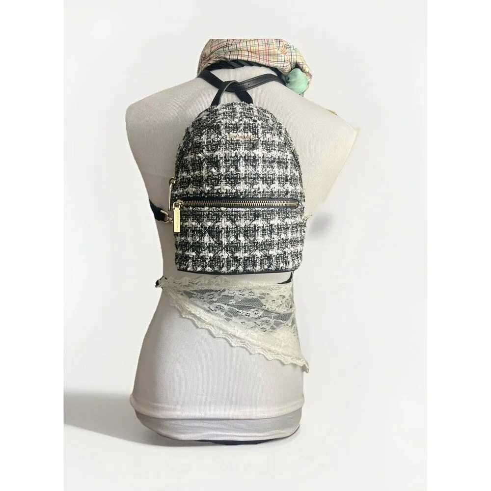 Kate Spade New York Mini Backpack Black White Tweed Gold Zip Spade Print